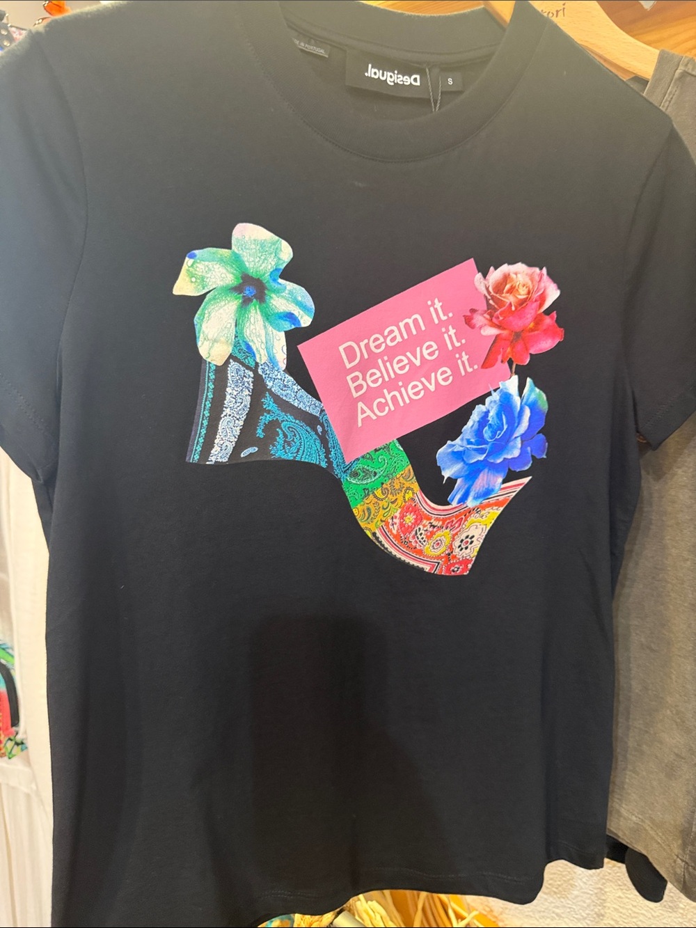 Desigual Black Tee with Pink Banner and Multicolor Floral Graphic